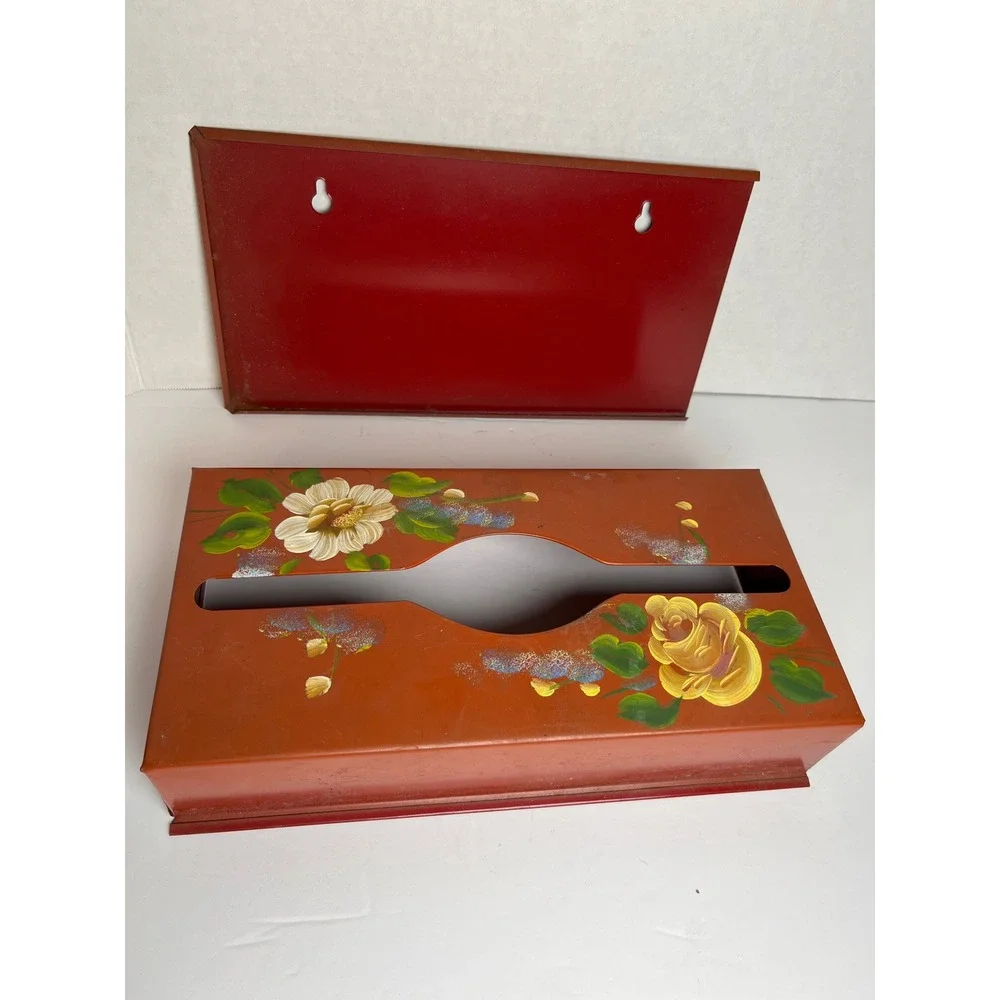 Vintage Metal Tissue Holder Hand Painted Floral Wall Mount Toleware Cottagecore